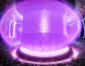 Interior of a tokamak fusion reactor with a glowing purple plasma field
