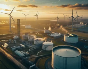 Industrial energy facility with large storage tanks and wind turbines at sunset in a rural landscape