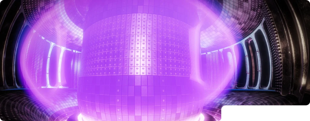 Interior of a tokamak fusion reactor with a glowing purple plasma field