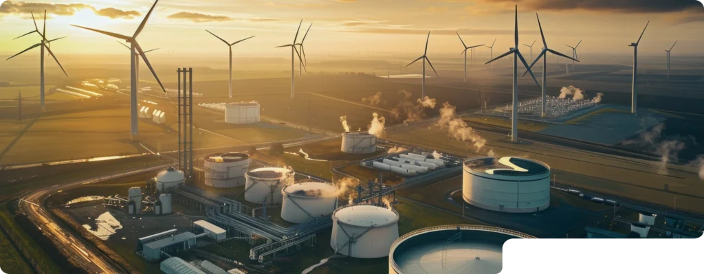 Industrial energy facility with large storage tanks and wind turbines at sunset in a rural landscape