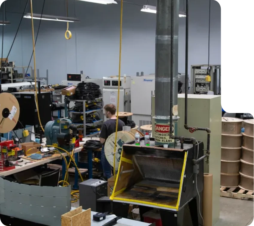 Industrial workshop with cable reels, machinery, and a worker operating equipment