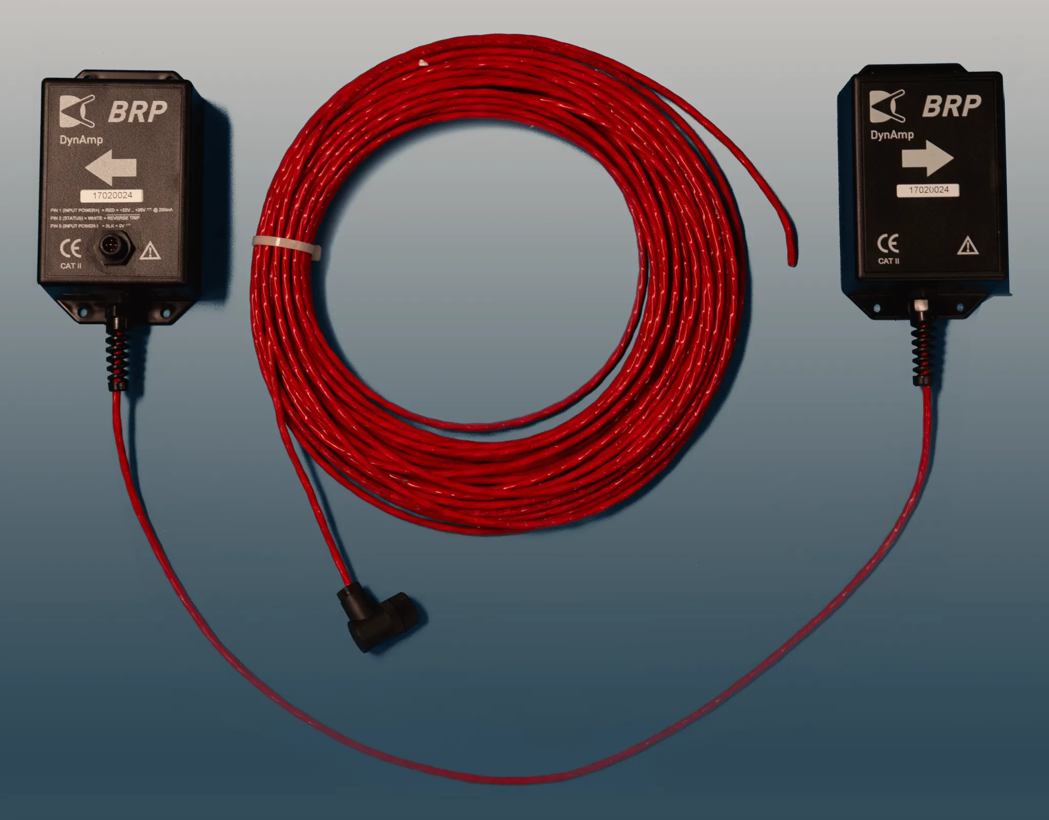 DynAmp BRP optical transmitter and receiver with red fiber optic cable