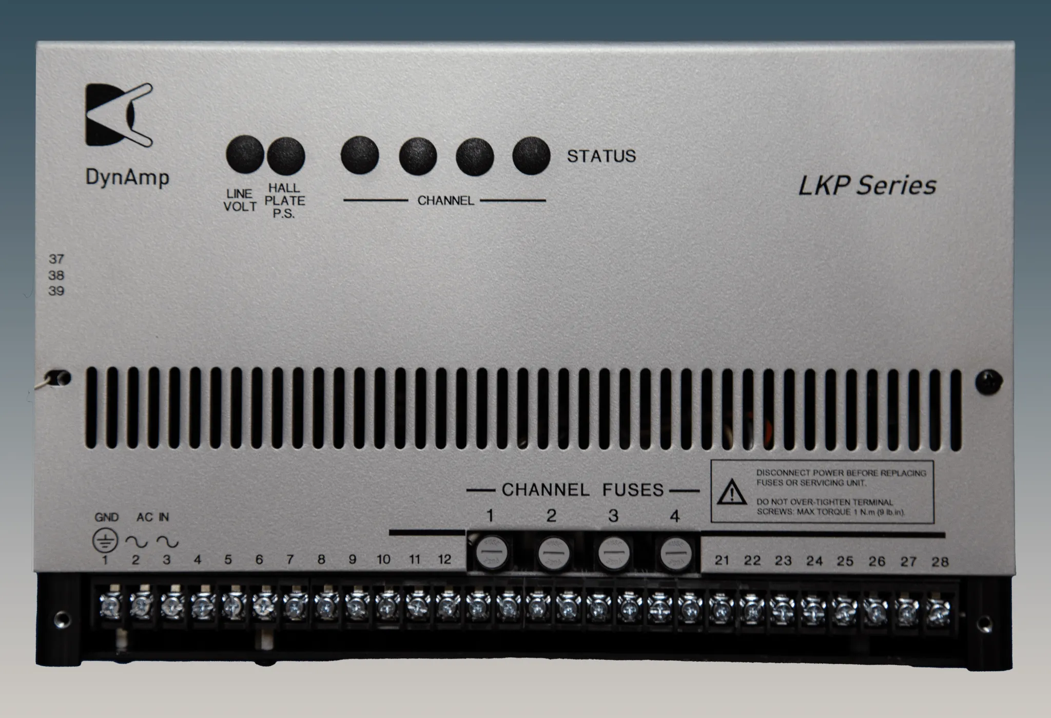 Front view of a DynAmp LKP Series industrial power monitoring device with status indicators and connection terminals