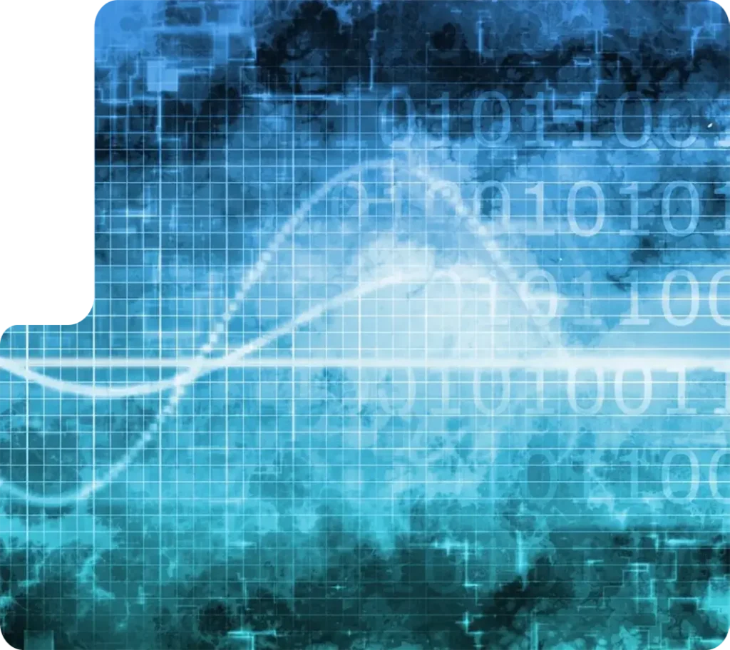 Abstract blue digital background with binary code and waveforms over a grid