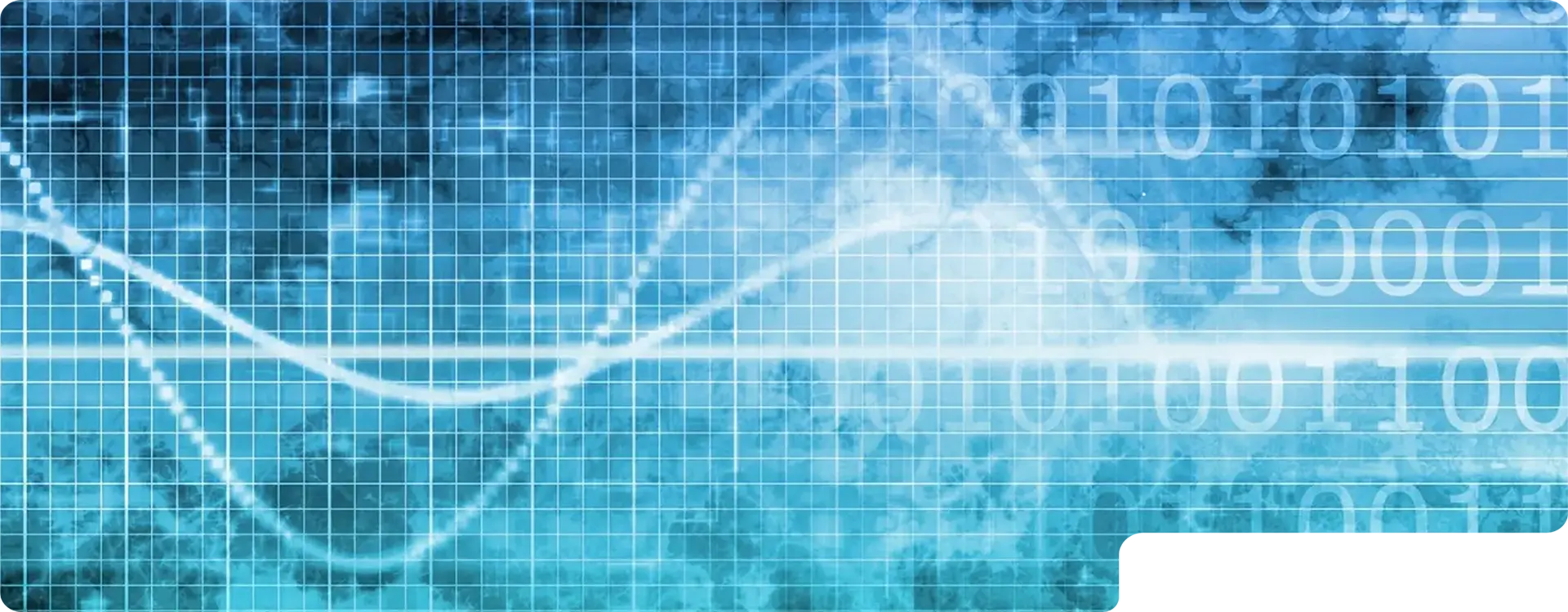 Abstract blue digital background with binary code and waveforms over a grid